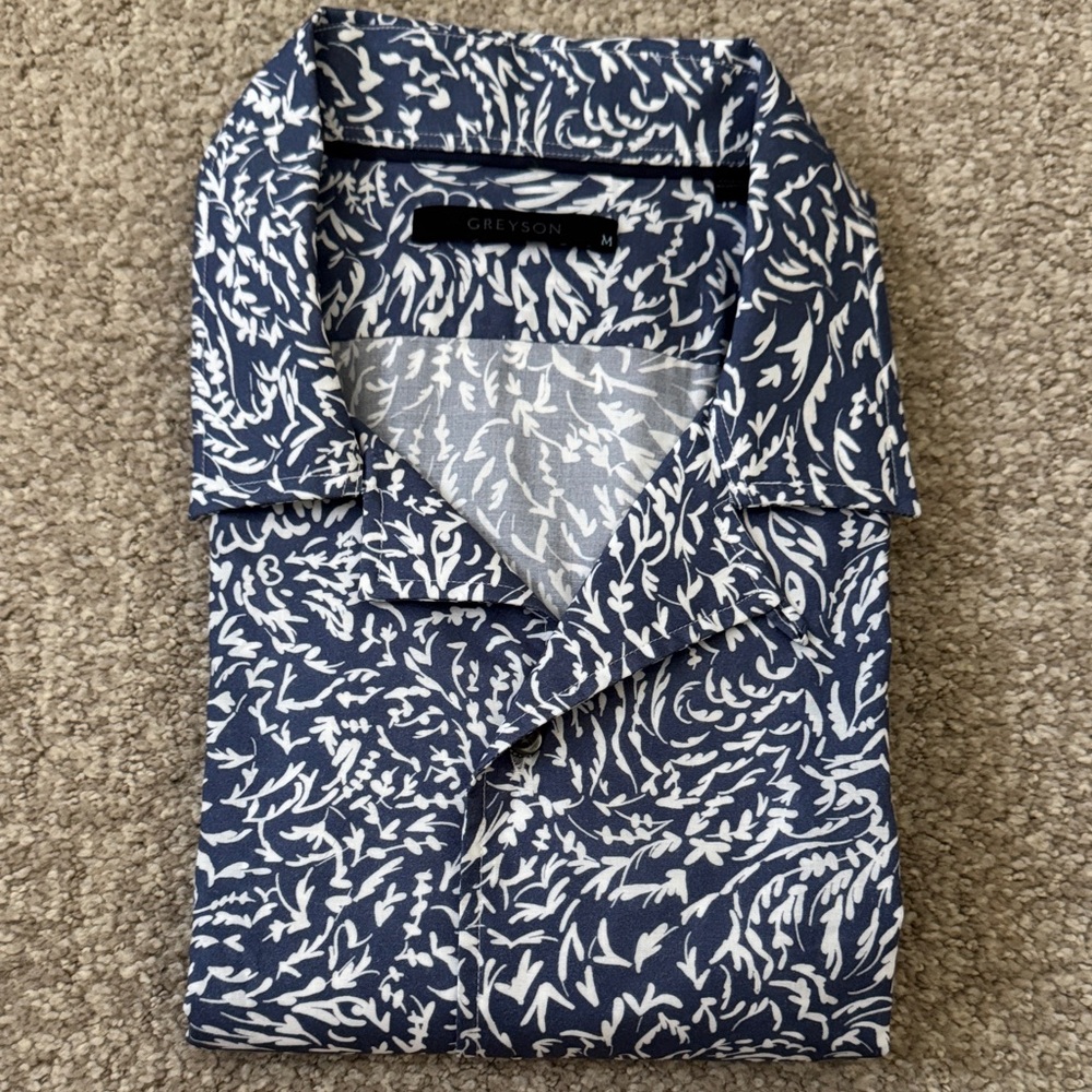 Greyson Navy and White Leaf Print short sleeves Shirt